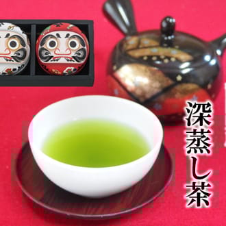 深蒸し茶８０ｇ入願掛けだるま２缶箱入