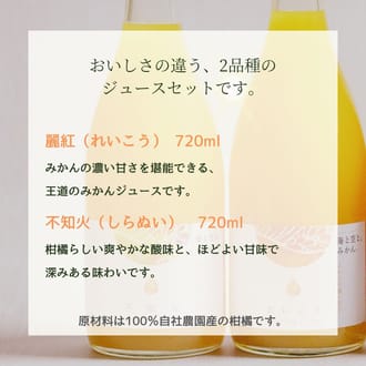「果汁そのまま、100％」2種類のみかんジュース（麗紅と不知火）